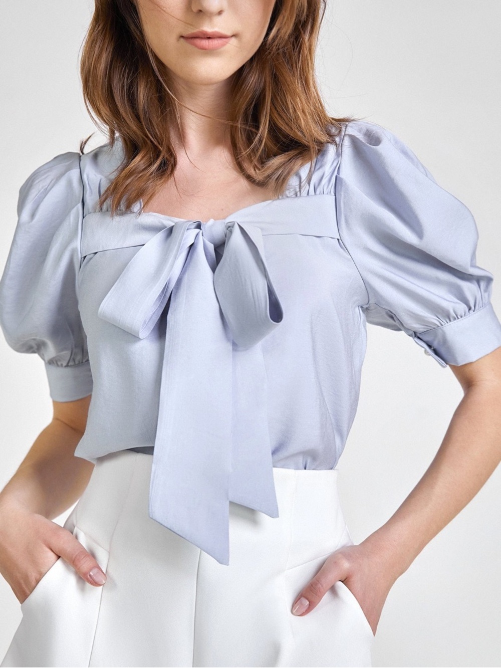 J.ing Light Blue Bow Front Puff Sleeve Top With Pearl Buttons